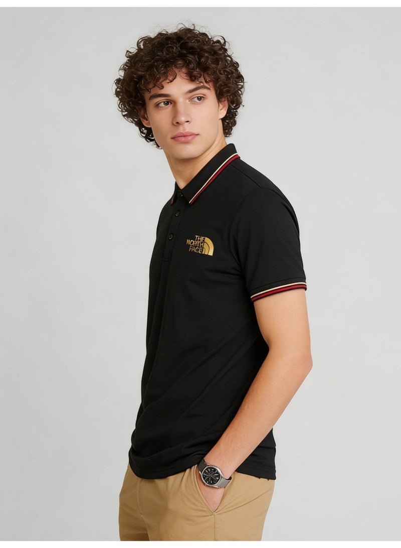 THE NORTH FACE 2026 The North Face Gold Logo Black Polo Shirt, Premium Pique Cotton Short Sleeve with Striped Collar & Cuffs, Outdoor-Inspired Casual Smart Wear for Men - Image 4